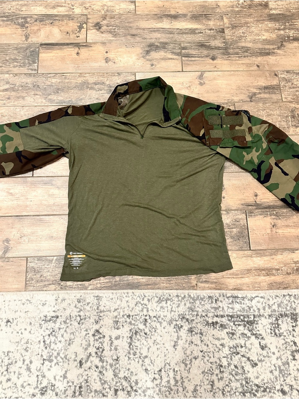 Men's Olive Green Tactical Combat Shirt with Woodland Camo Sleeves